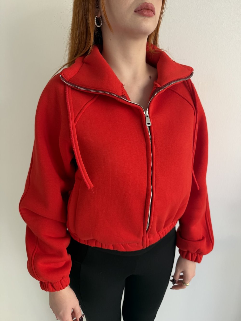 Fermuarlı Yan Cep Crop Sweatshirt Kırmızı
