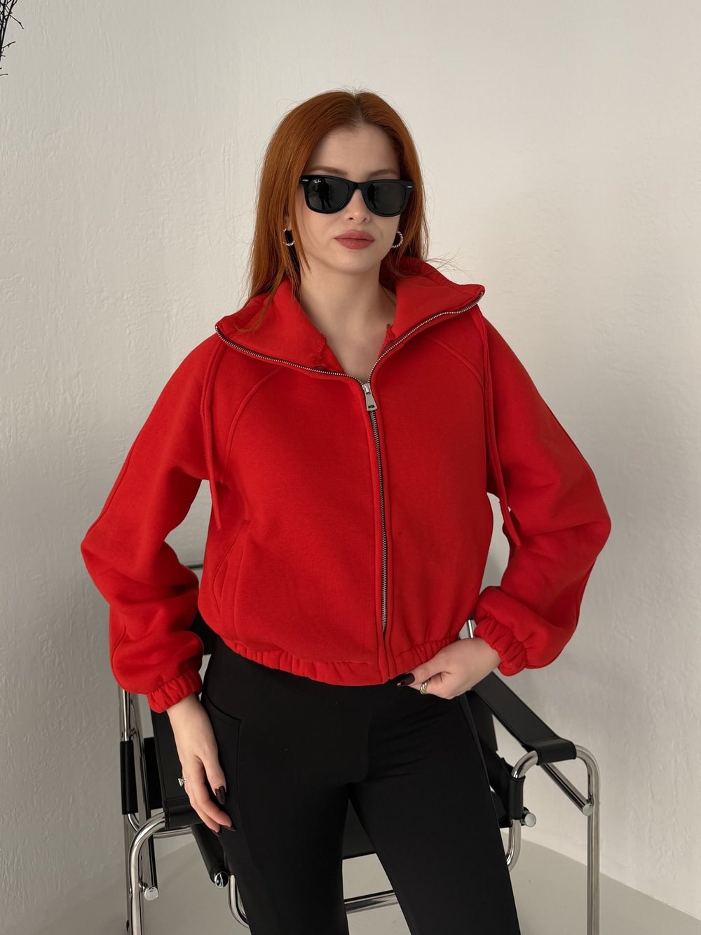 Fermuarlı Yan Cep Crop Sweatshirt Kırmızı