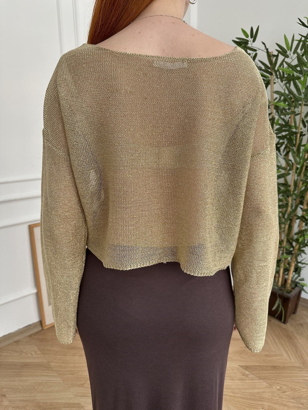 Geniş Kol Parlak Crop Bluz Gold