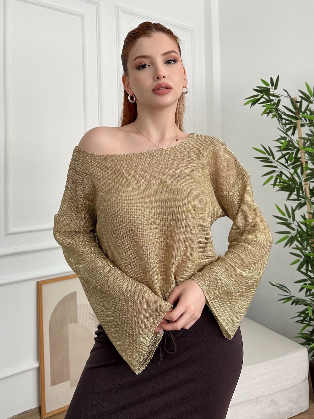 Geniş Kol Parlak Crop Bluz Gold
