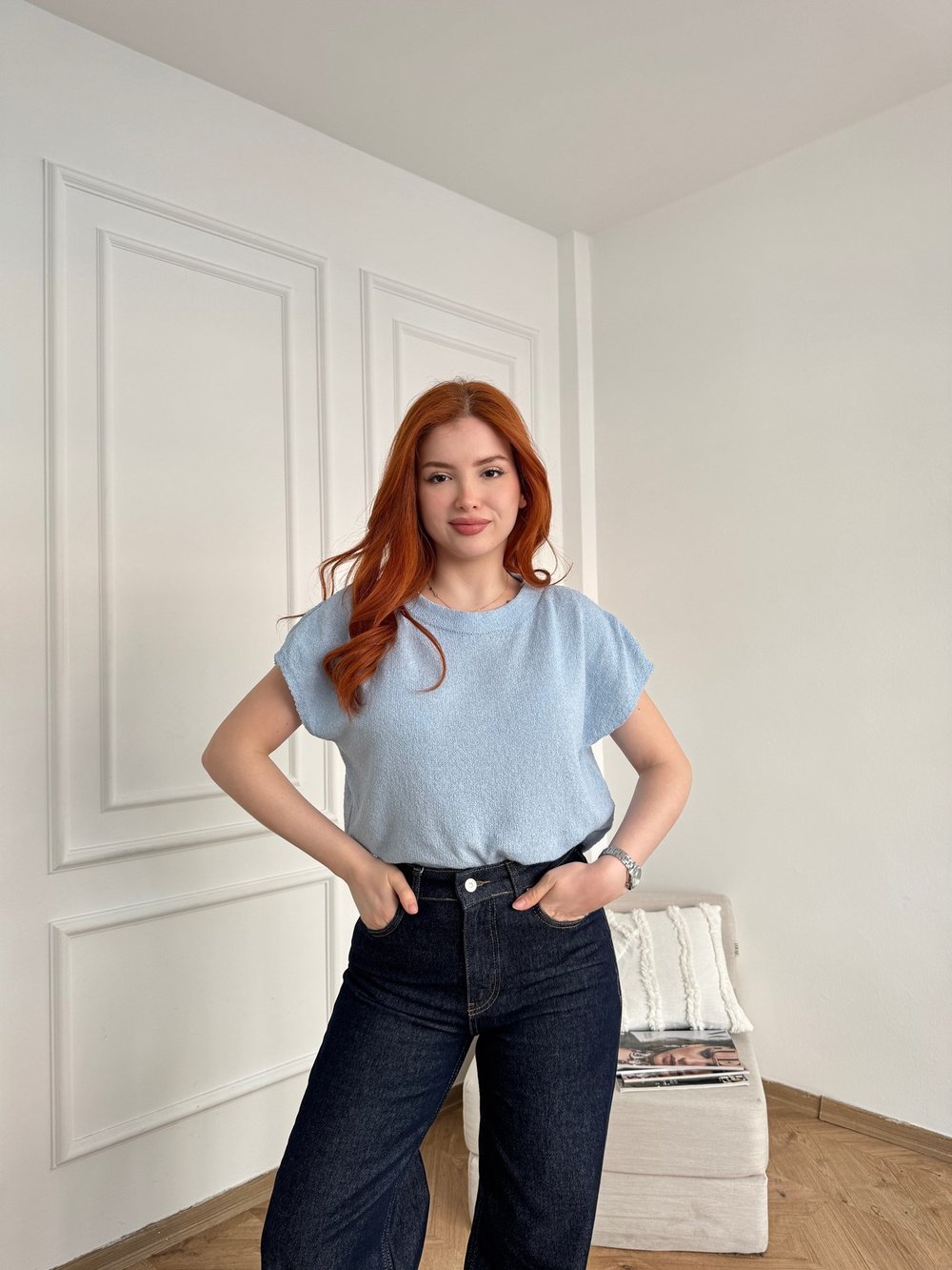 Geniş Yaka Kolsuz Triko Bebe mavi