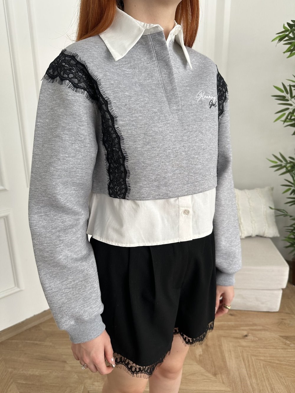 Gömlek Detay Dantel Garnili Sweatshirt Gri melanj