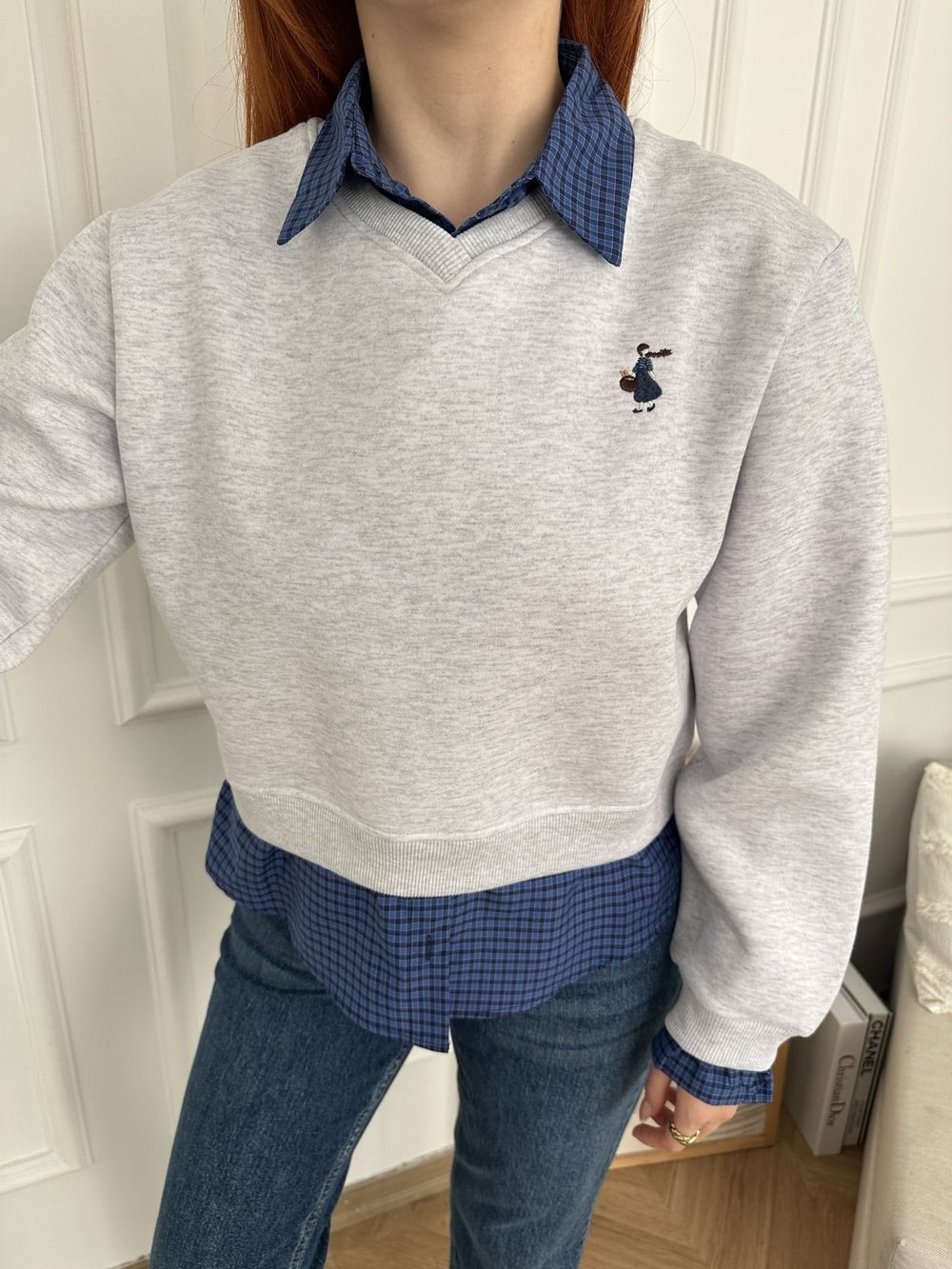 Gömlek Detaylı Nakışlı Sweatshirt Kar melanj