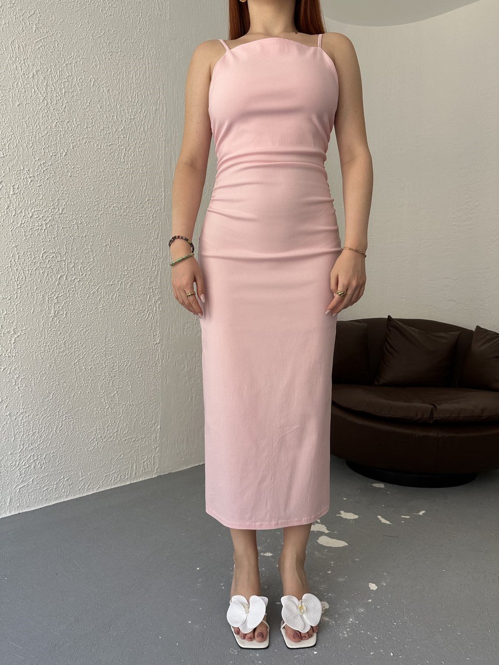 İnce Askılı  Büzgülü Elbise Toz pembe
