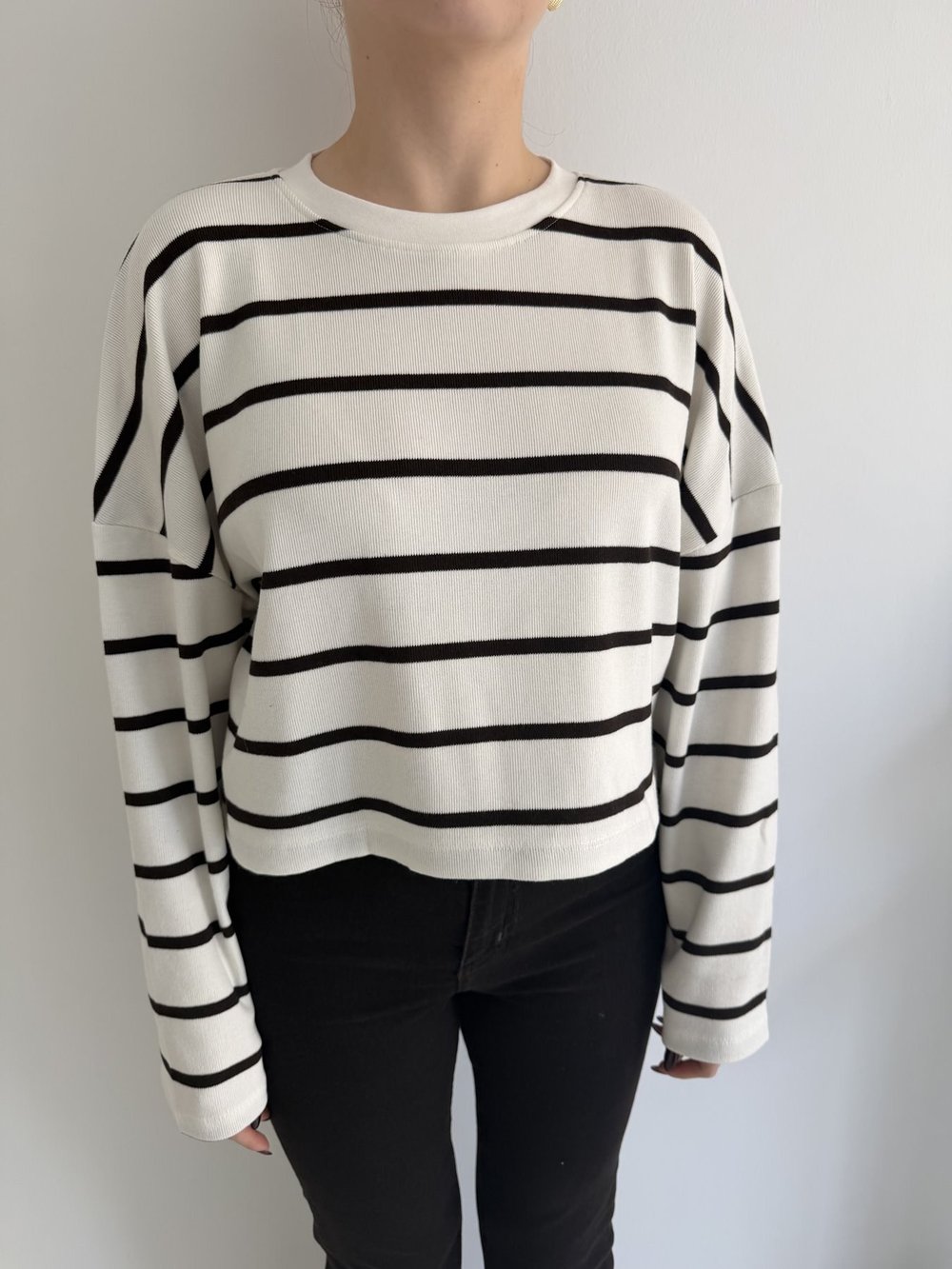 İnce Çizgili Sweatshırt Ekru-kahve