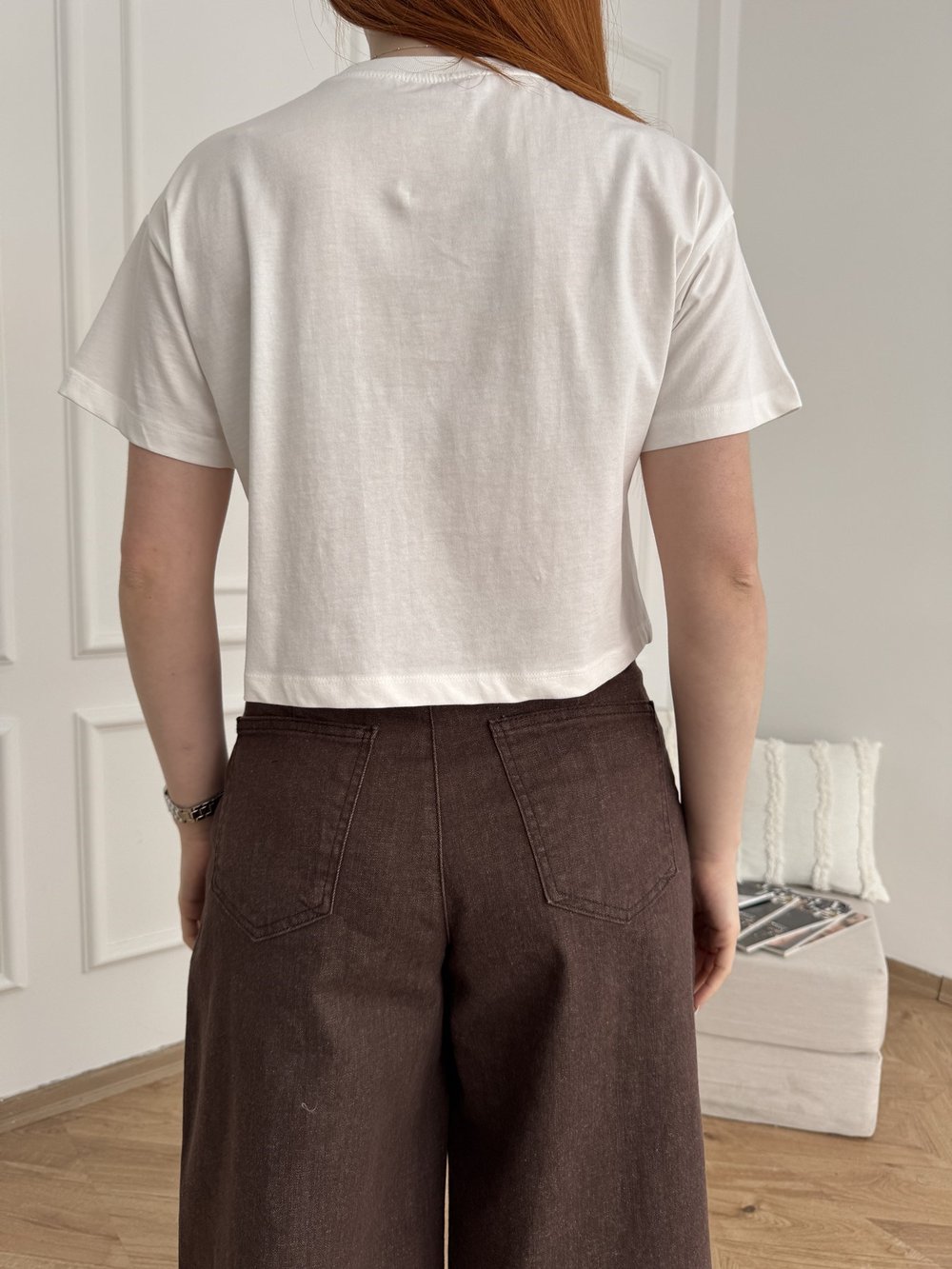 İnci Detaylı Crop T-shirt Ekru