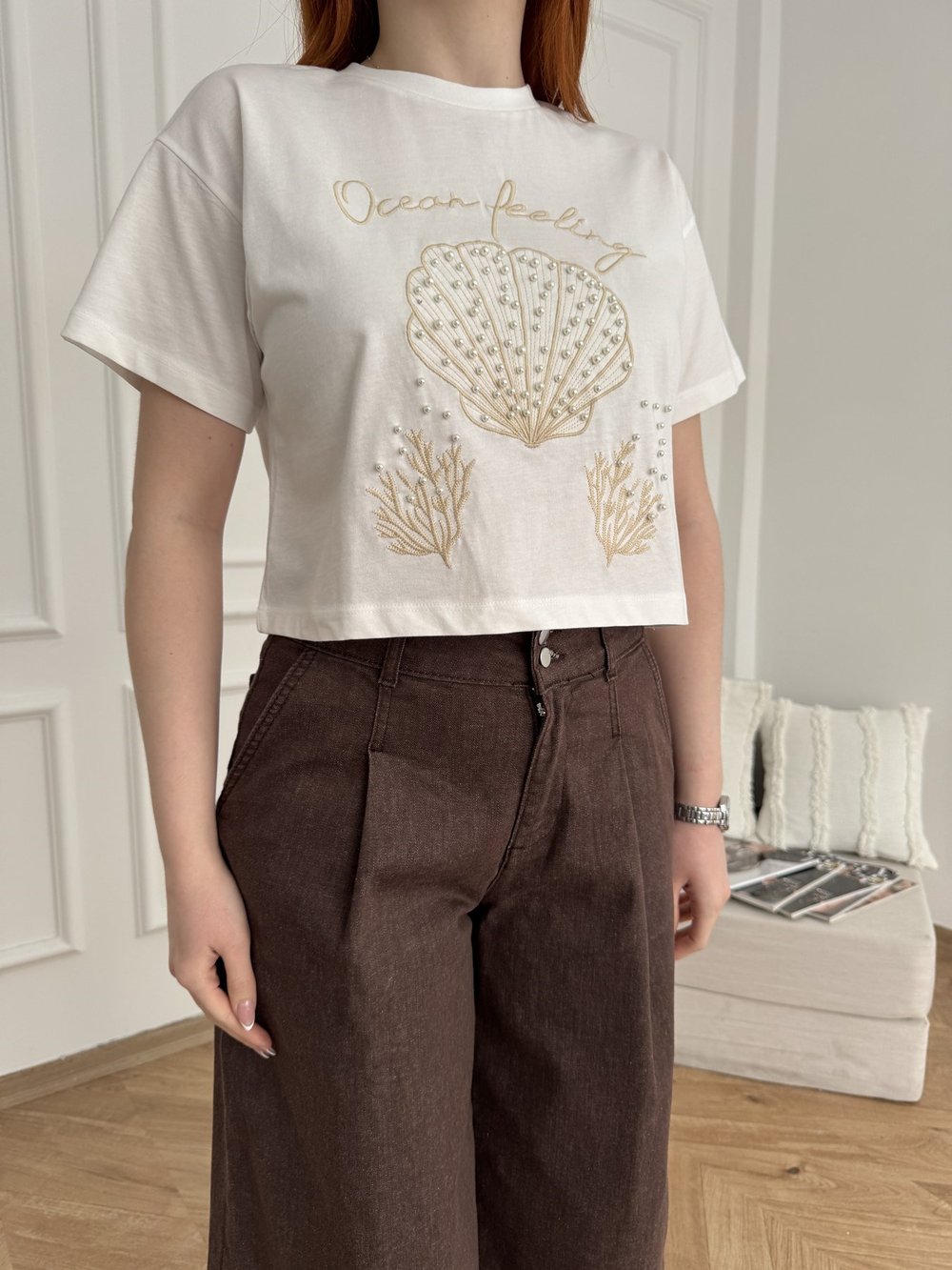 İnci Detaylı Crop T-shirt Ekru