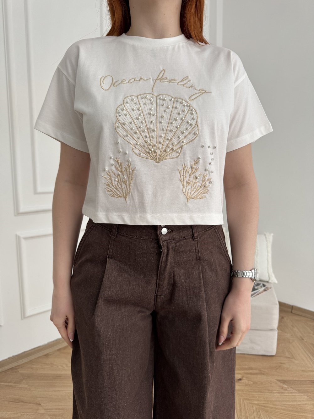 İnci Detaylı Crop T-shirt Ekru