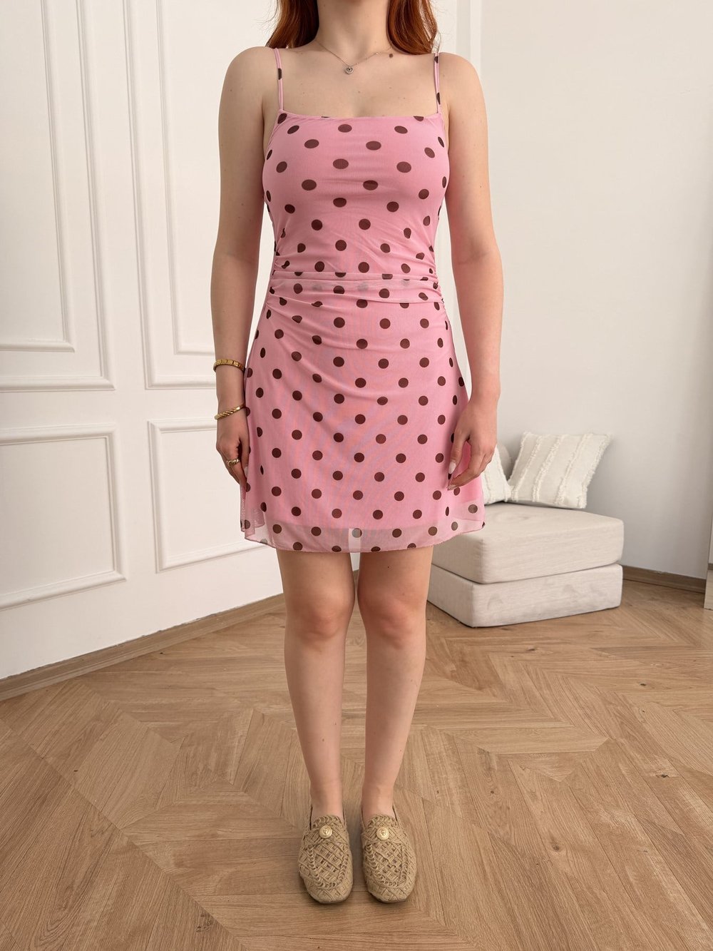 İp Askılı Puantiyeli Mini Elbise Pembe-kahve