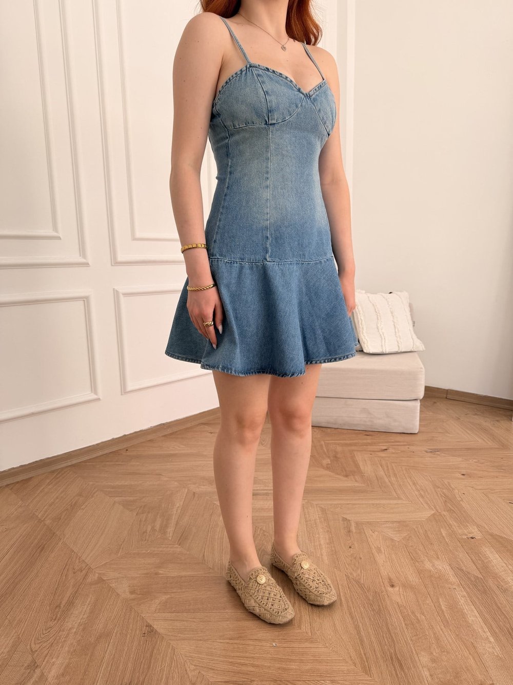 İp Askılı Volanlı Jean Elbise Mavi