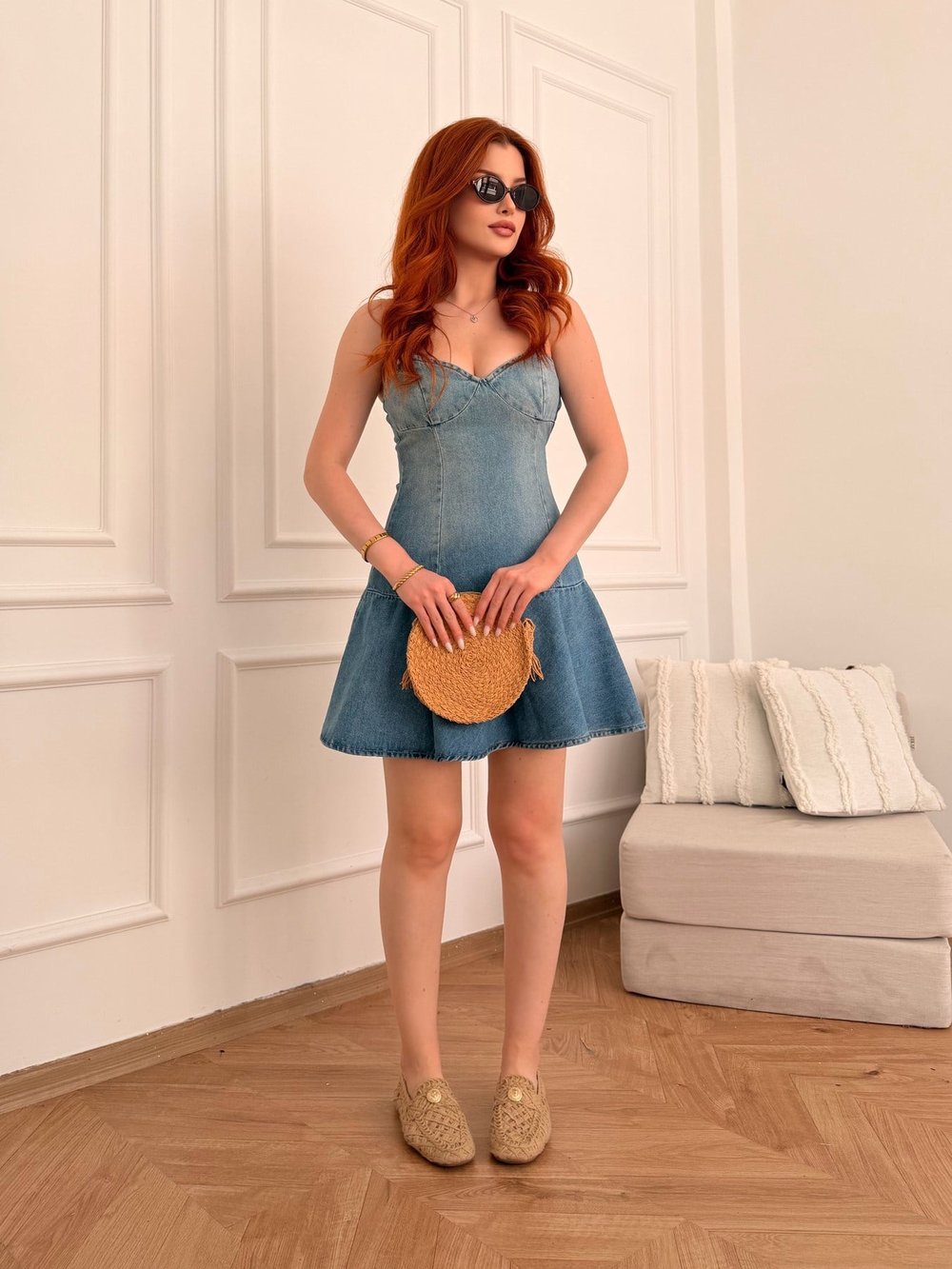 İp Askılı Volanlı Jean Elbise Mavi