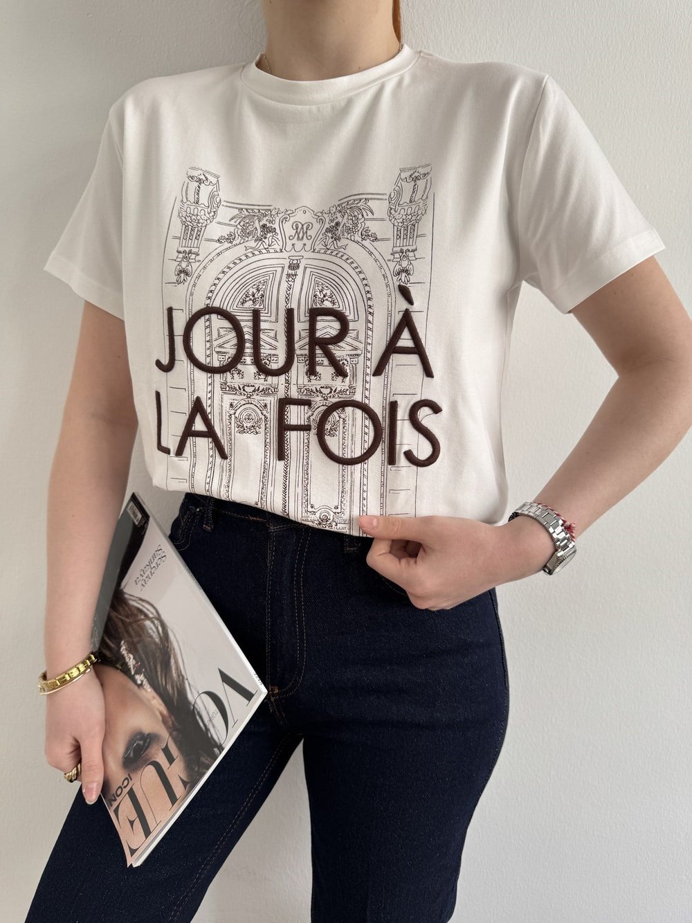 Joir A La Fois Nakışlı T-shirt Ekru-kahve