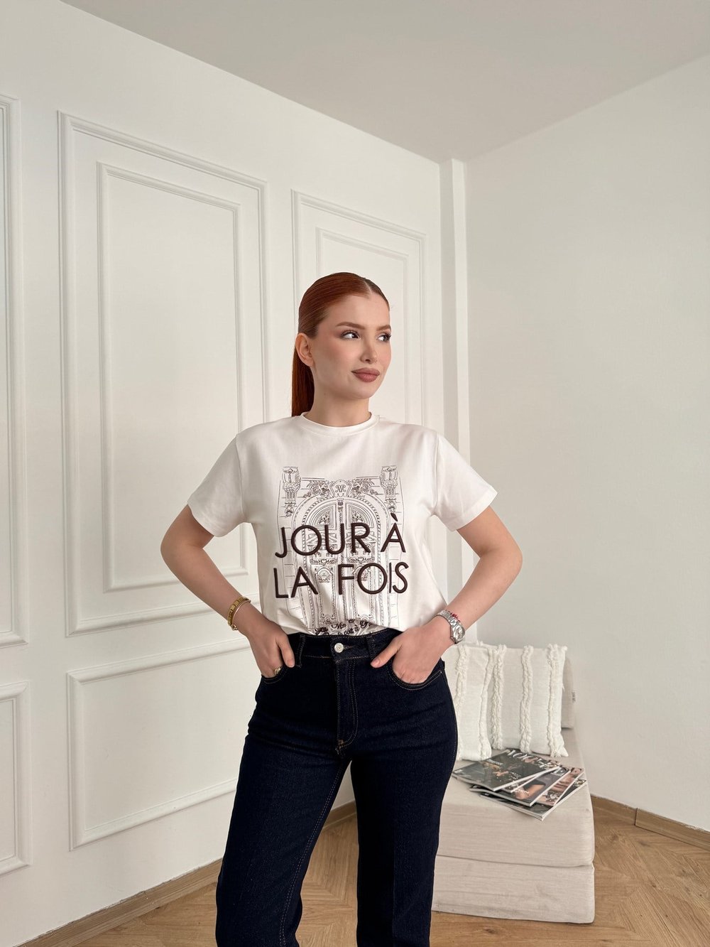 Joir A La Fois Nakışlı T-shirt Ekru-kahve