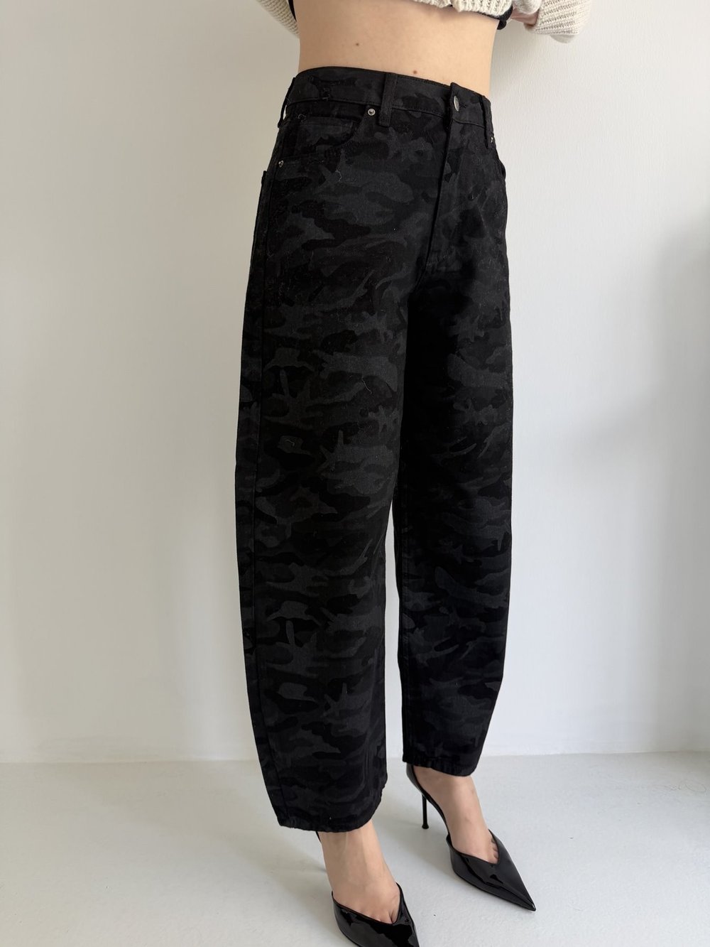 Kamuflaj Desen Baggy Jean Pantolon Siyah