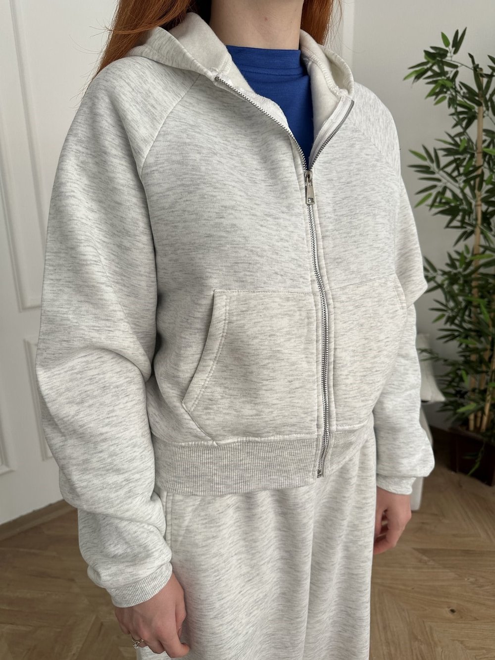 Kapşonlu Fermuarlı Sweatshırt Gri melanj
