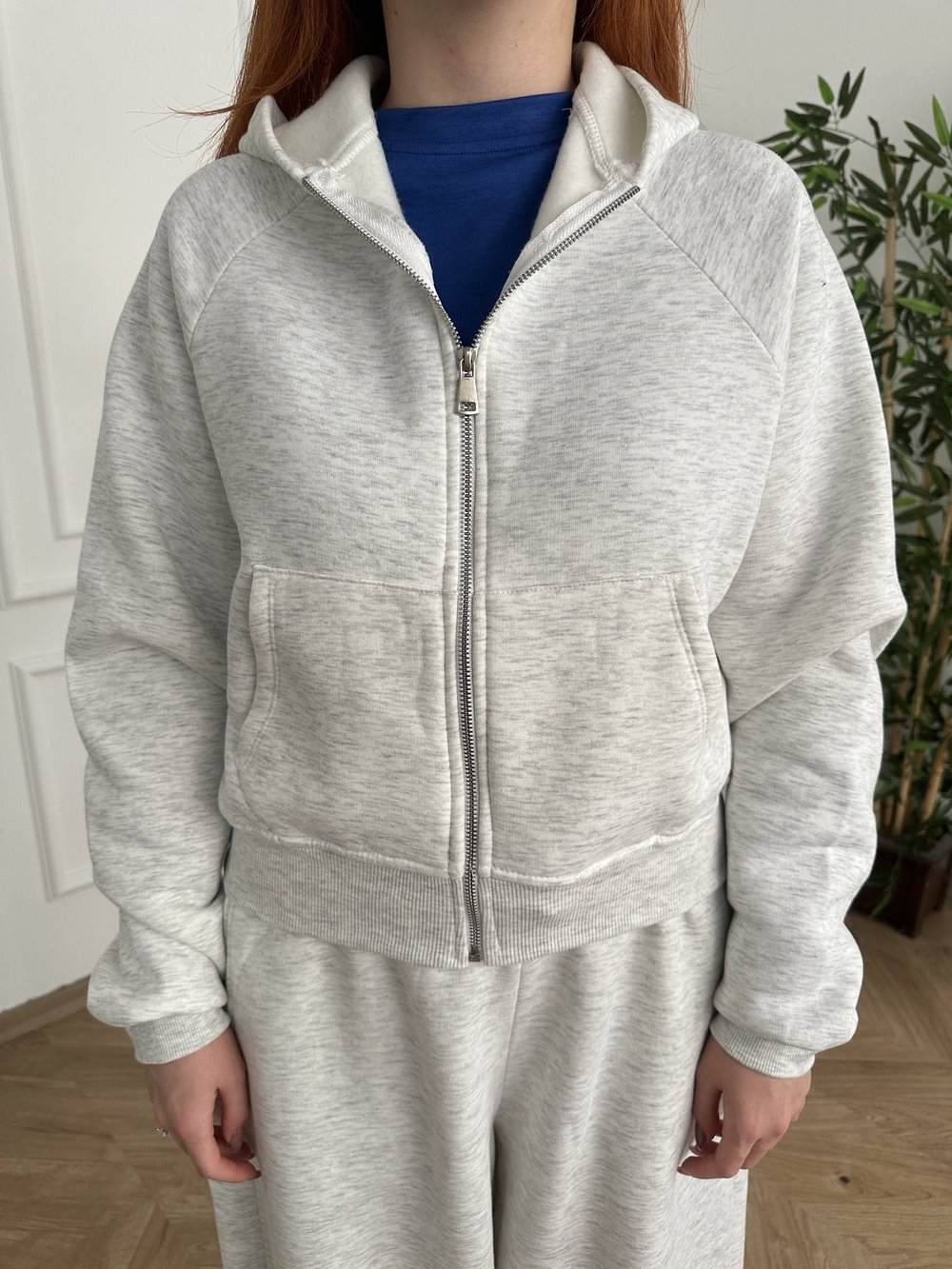 Kapşonlu Fermuarlı Sweatshırt Gri melanj