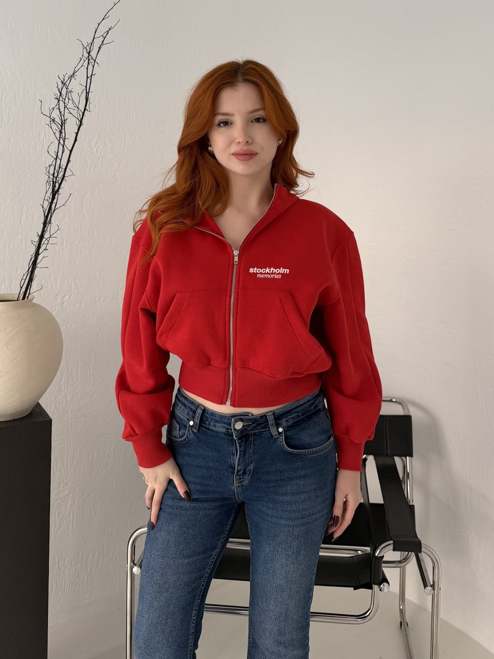 Kapşonlu Fermuarlı Sweatshırt Kırmızı
