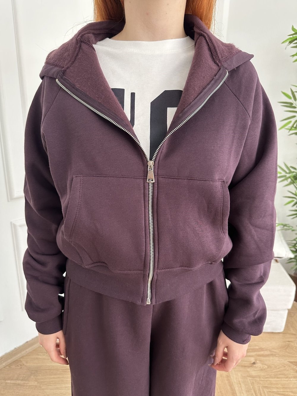 Kapşonlu Fermuarlı Sweatshırt Mürdüm