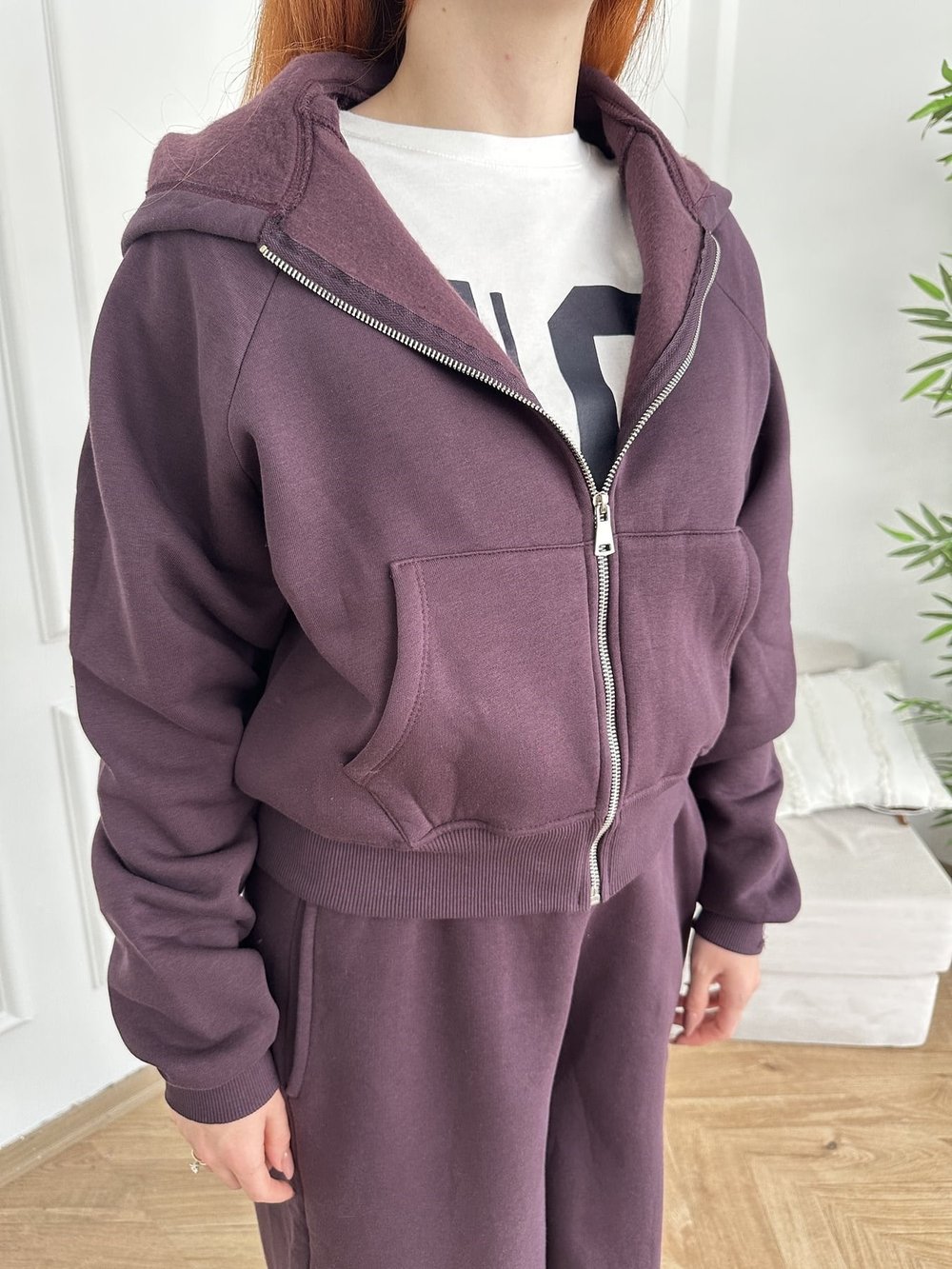 Kapşonlu Fermuarlı Sweatshırt Mürdüm