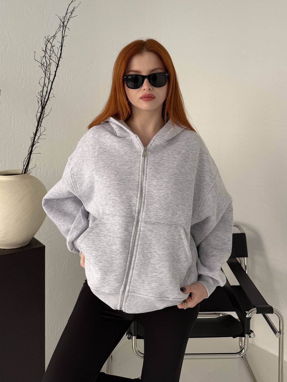 Kapüşonlu Fermuarlı Sweatshirt Gri melanj