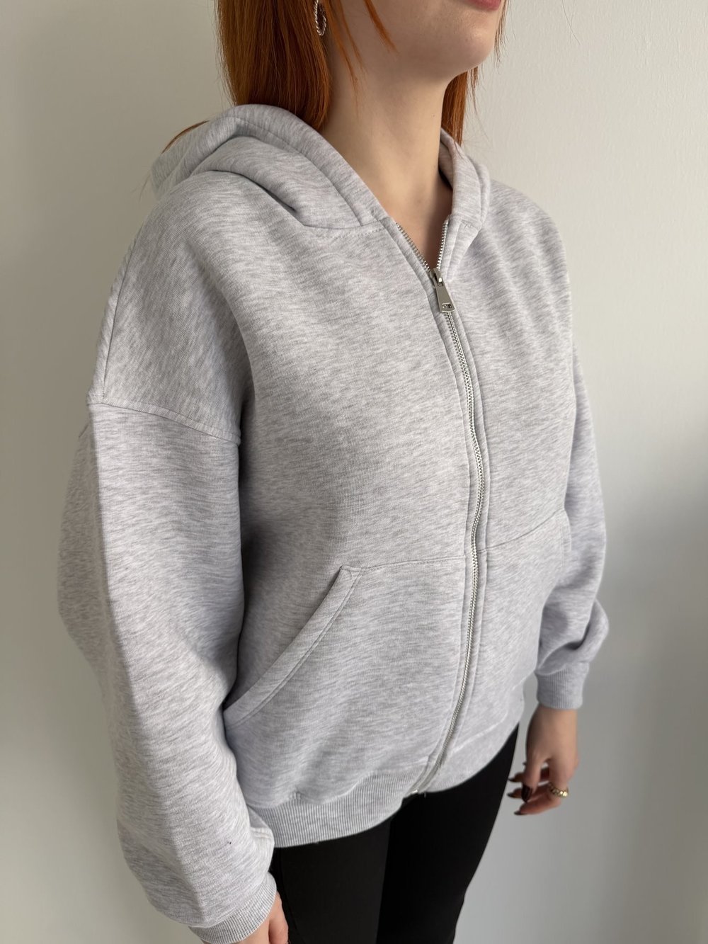 Kapüşonlu Fermuarlı Sweatshirt Gri melanj