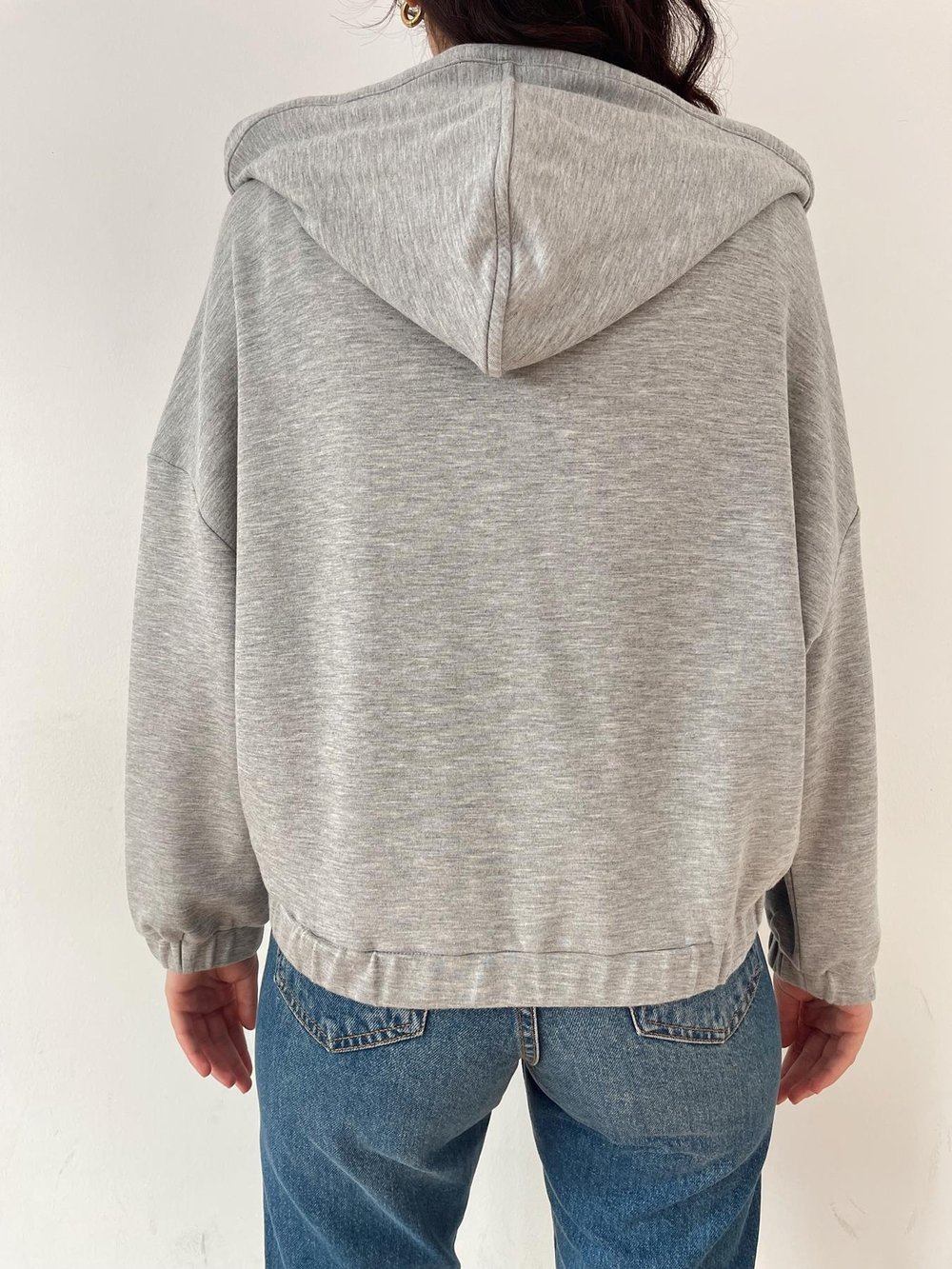 Kapüşonlu Fermuarlı Sweatshirt Gri melanj