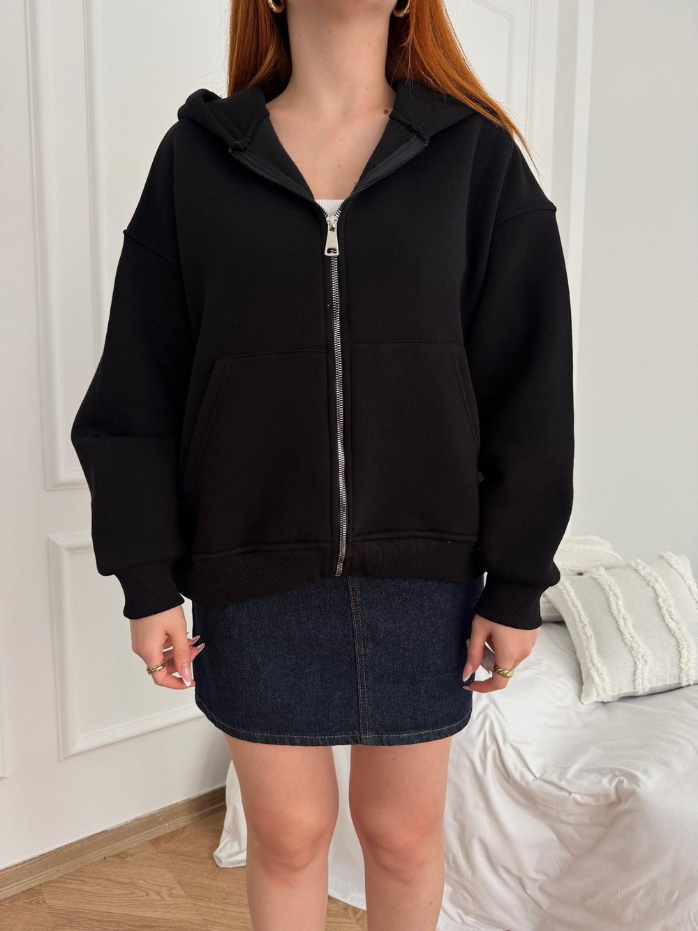 Kapüşonlu Fermuarlı Sweatshirt Siyah