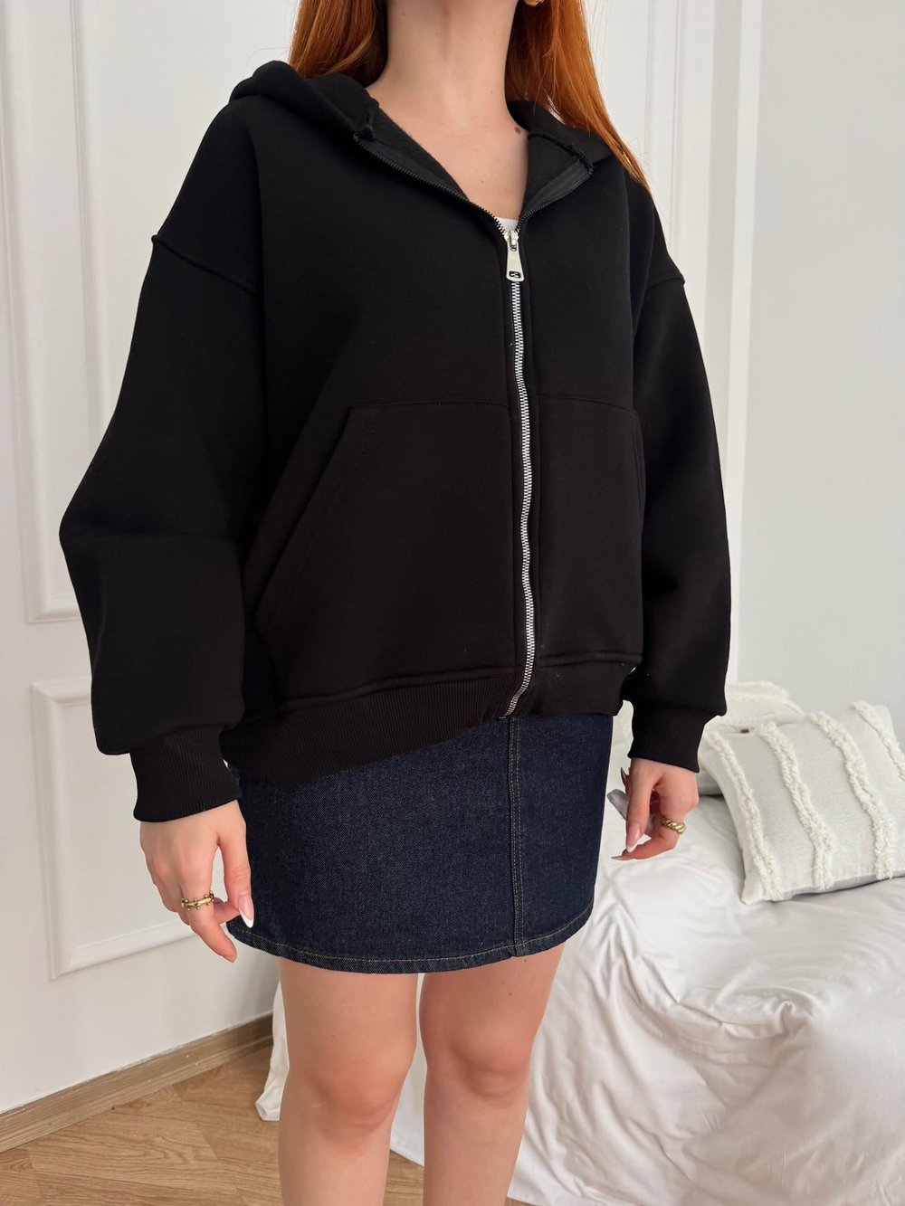 Kapüşonlu Fermuarlı Sweatshirt Siyah