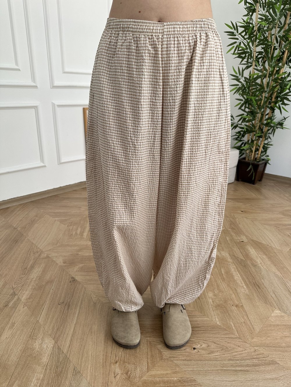 Kareli Paça Lastikli Şalvar Pantolon Bej-ekru
