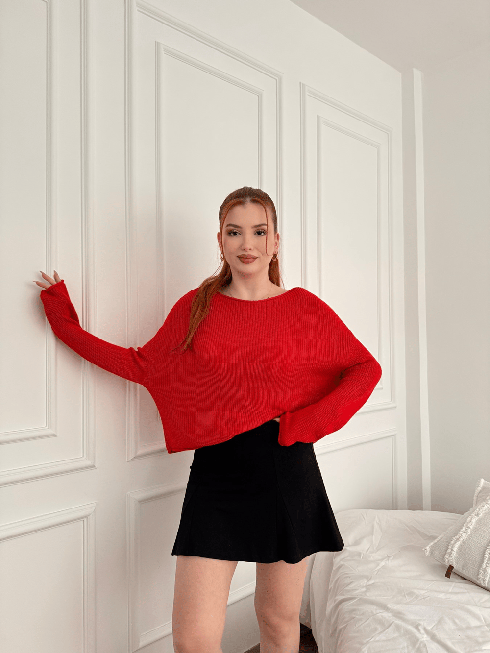 Kayık Yaka Oversize Triko Kırmızı