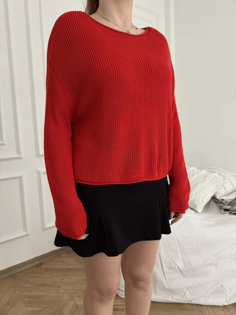 Kayık Yaka Oversize Triko Kırmızı