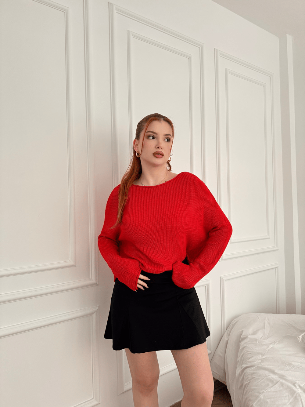 Kayık Yaka Oversize Triko Kırmızı