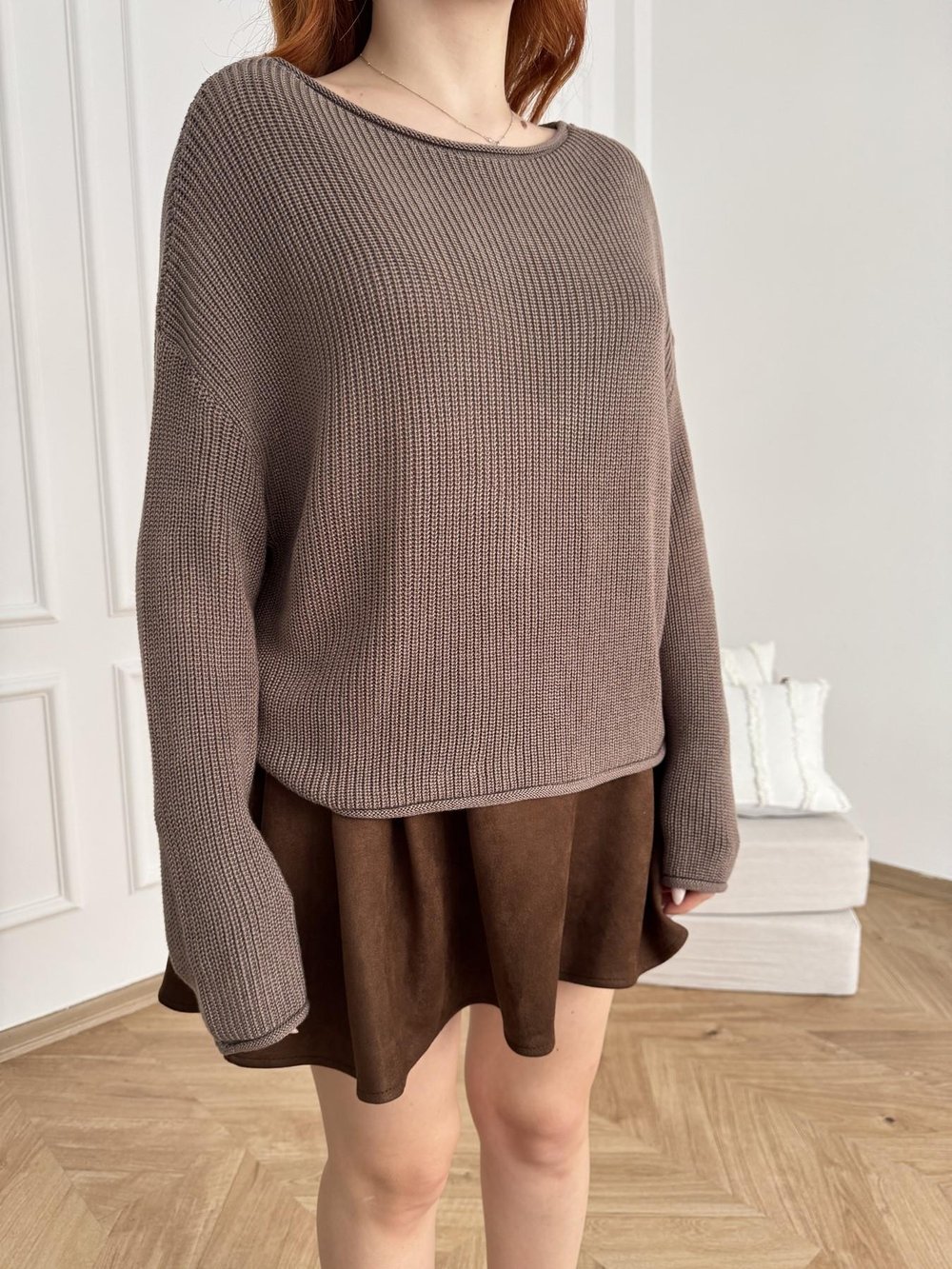 Kayık Yaka Oversize Triko Vizon