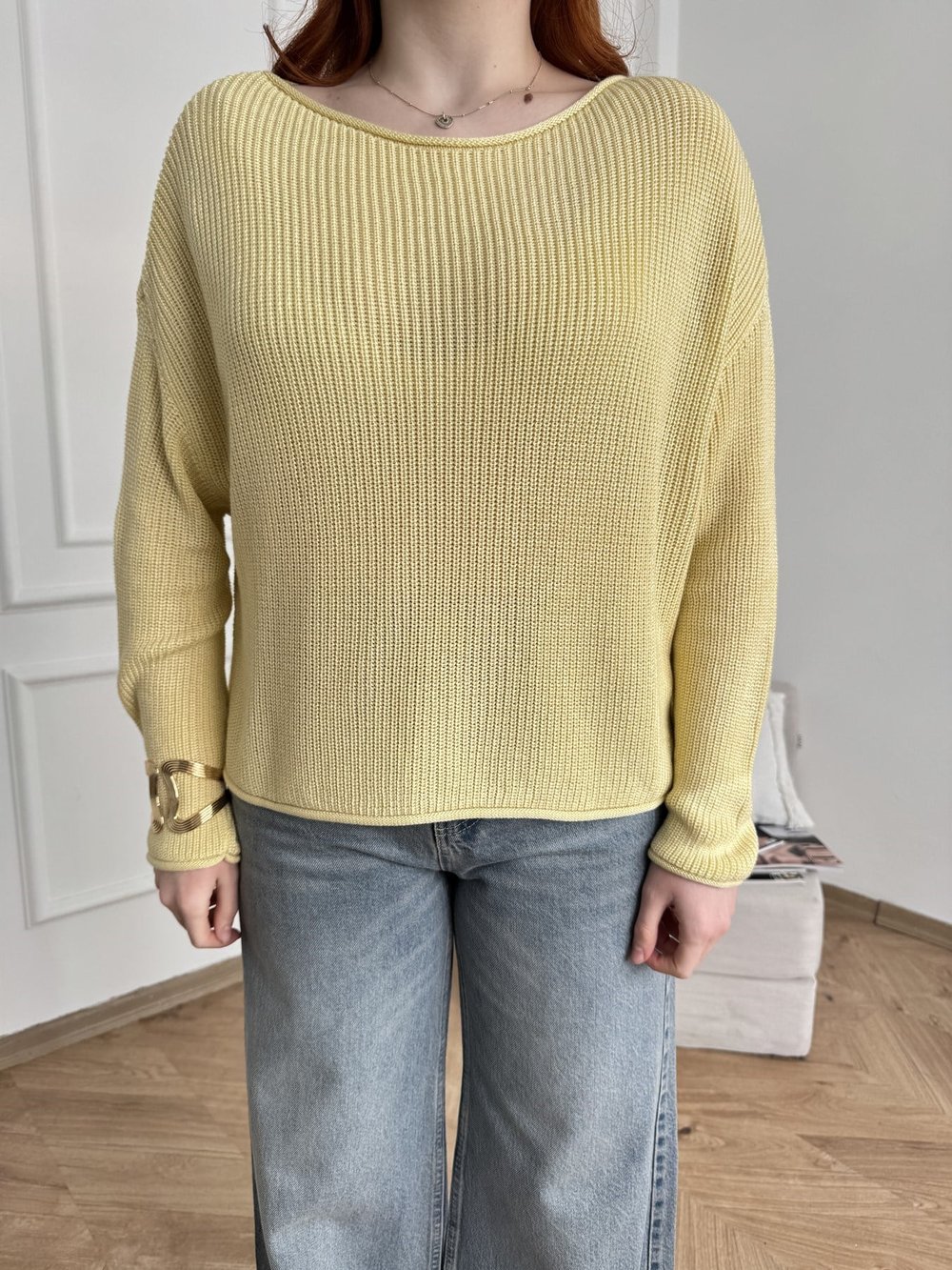 Kayık Yaka Oversize Triko Açık sarı