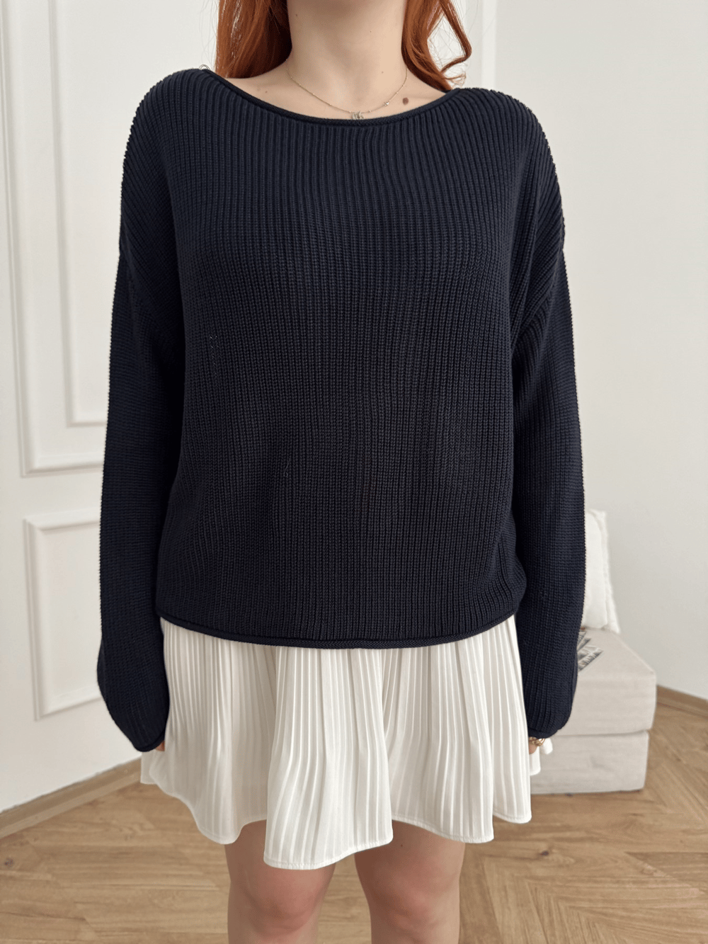 Kayık Yaka Oversize Triko Lacivert