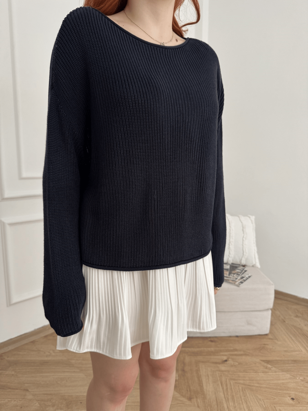 Kayık Yaka Oversize Triko Lacivert