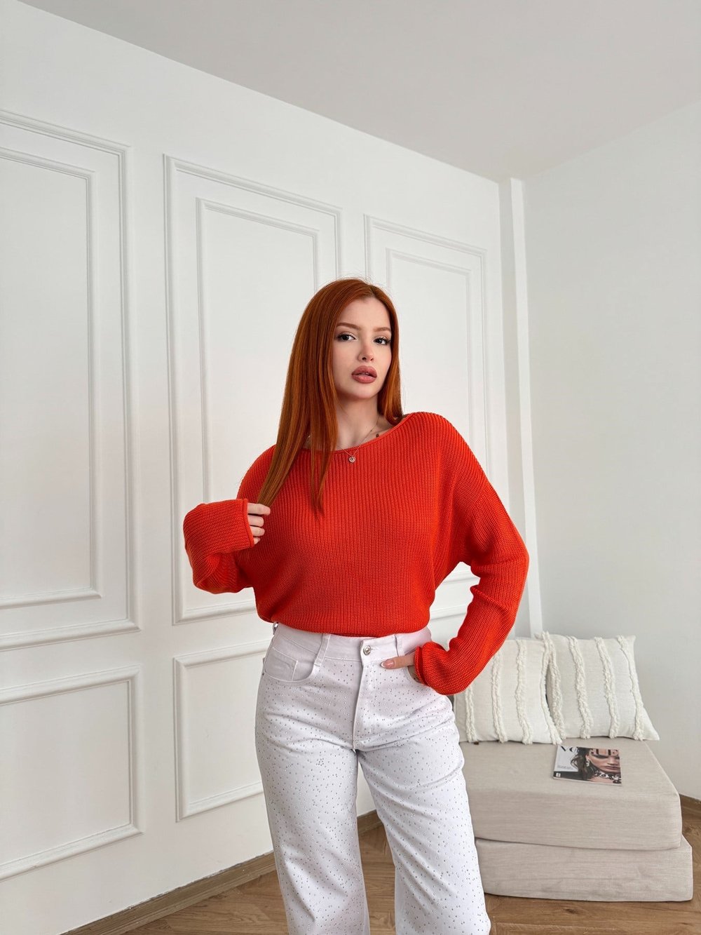 Kayık Yaka Oversize Triko Oranj
