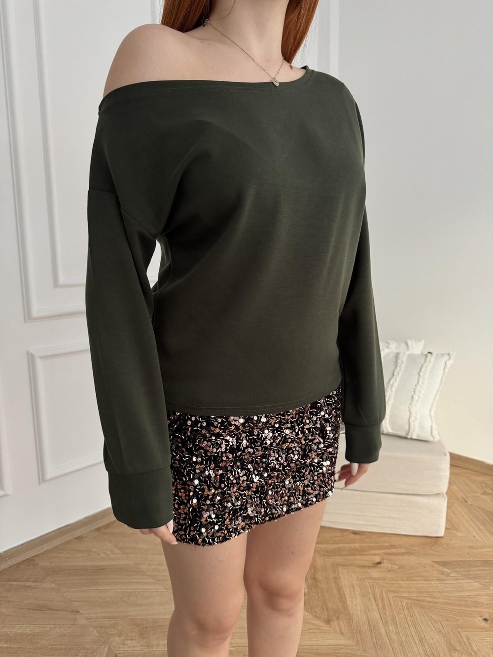 Kayık Yaka Basic Sweatshirt Koyu yeşil
