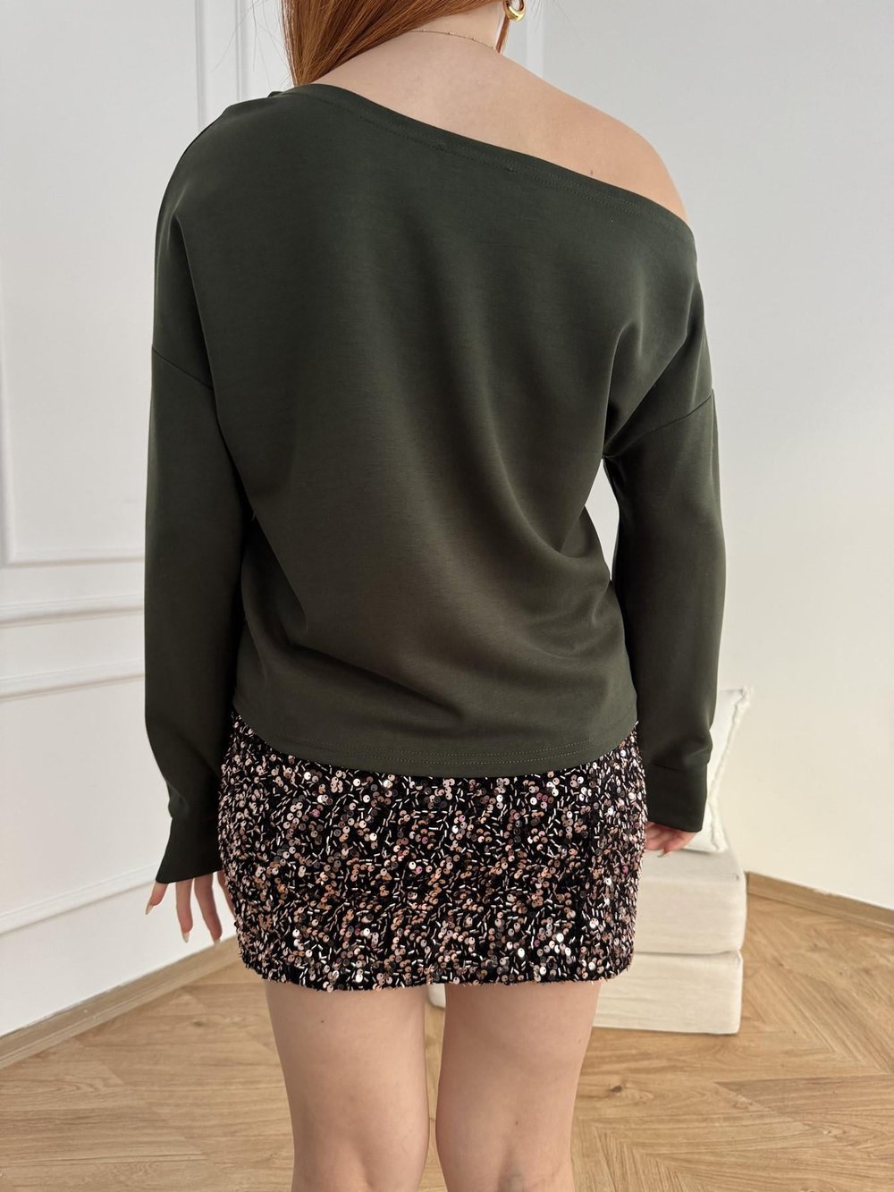 Kayık Yaka Basic Sweatshirt Koyu yeşil