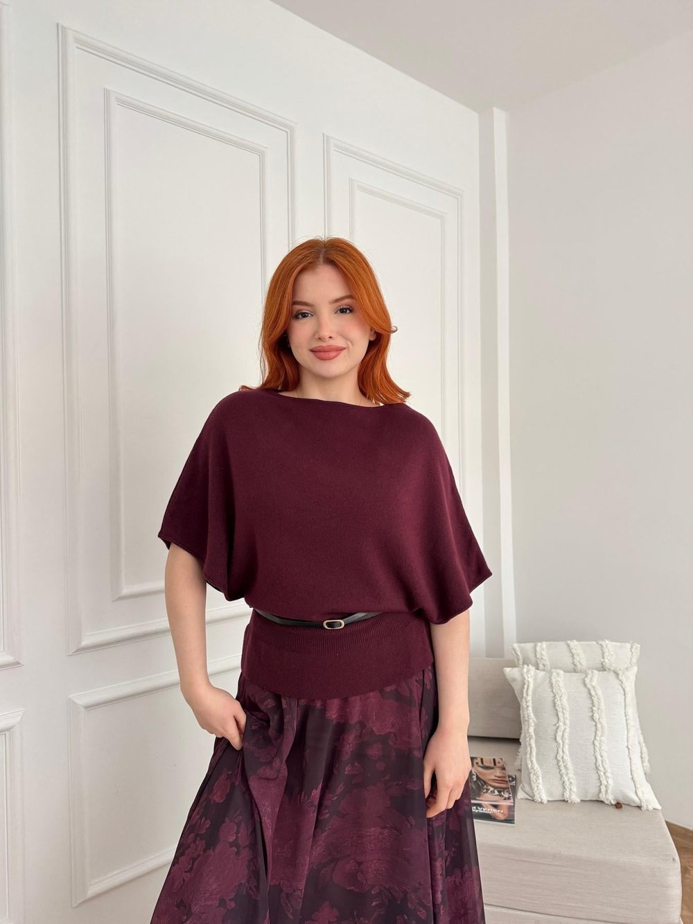 Yarasa Kol Kemerli Triko Bordo melanj
