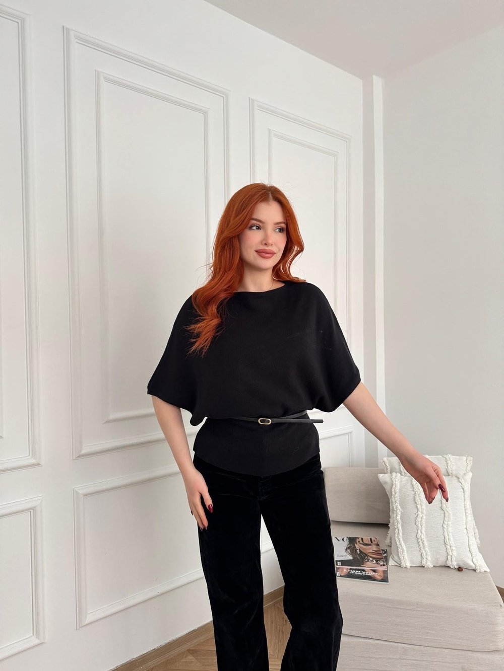 Yarasa Kol Kemerli Triko Siyah