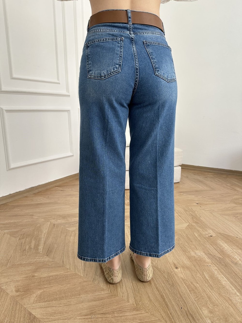 Kemerli Bilek Boy Jean Pantolon Mavi