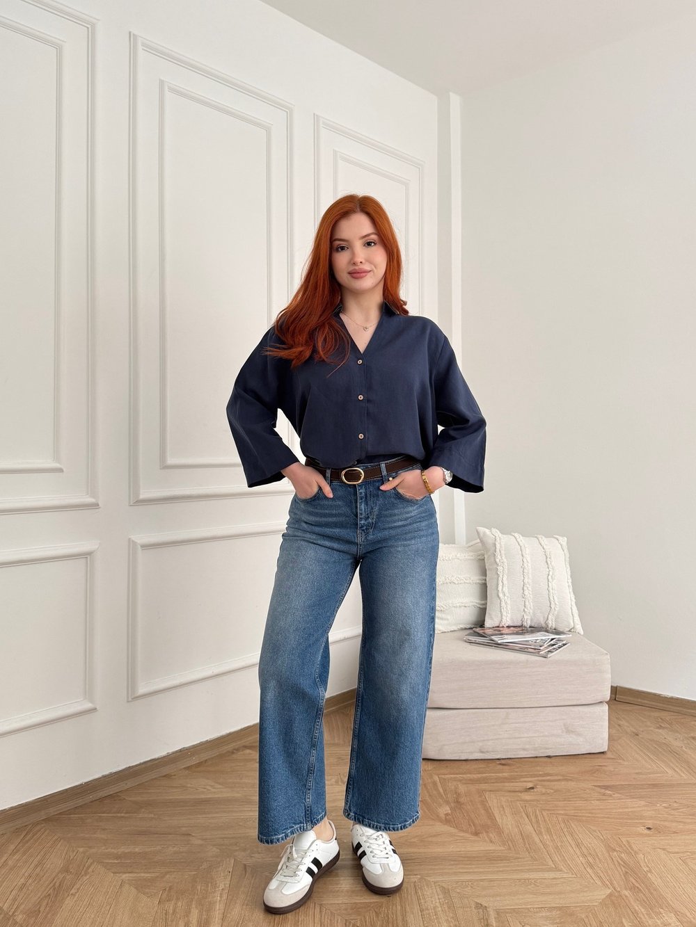 Kemerli Bilekte Jean Pantolon Mavi