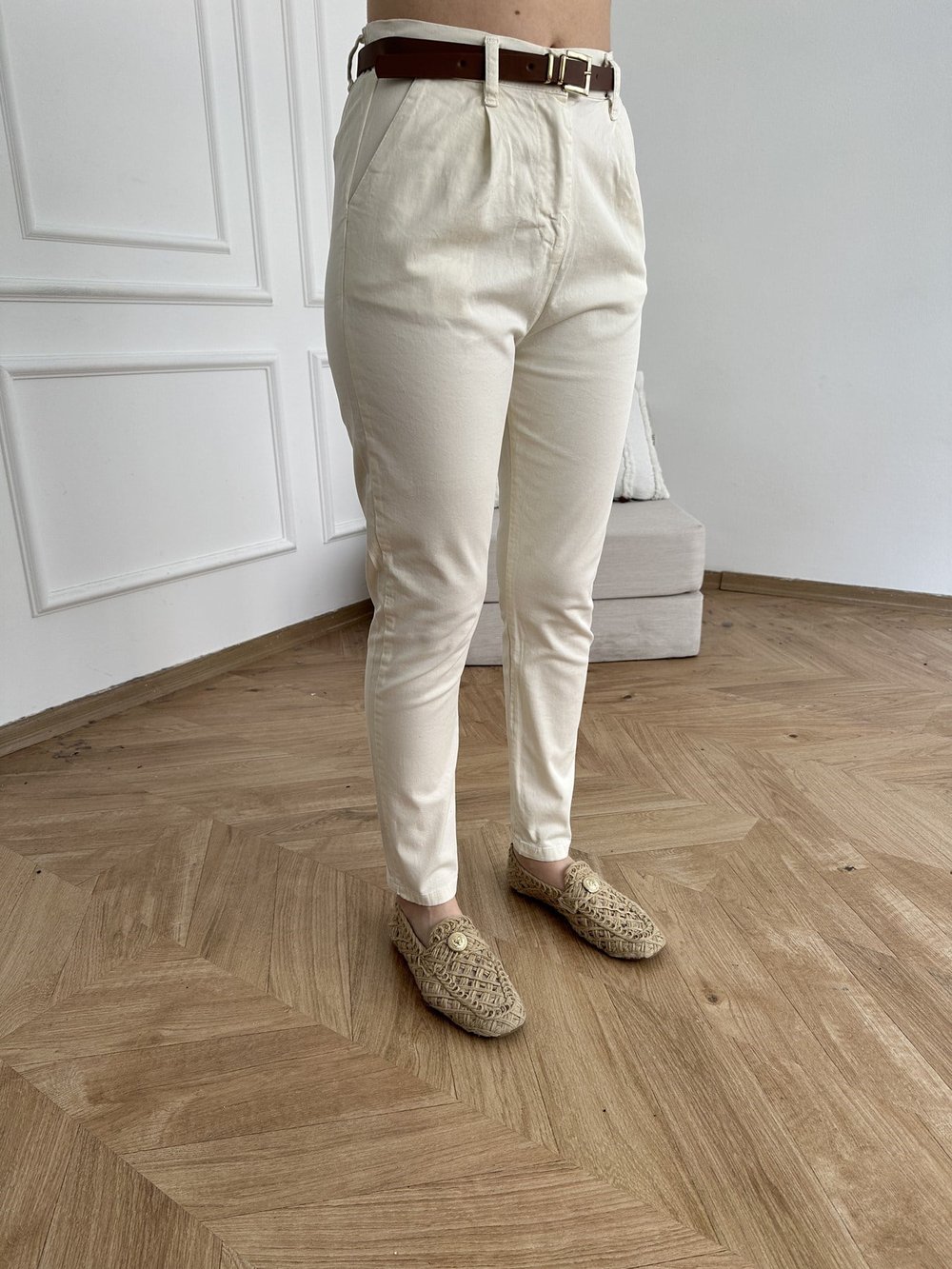 Kemerli Gabardin Pantolon Ekru