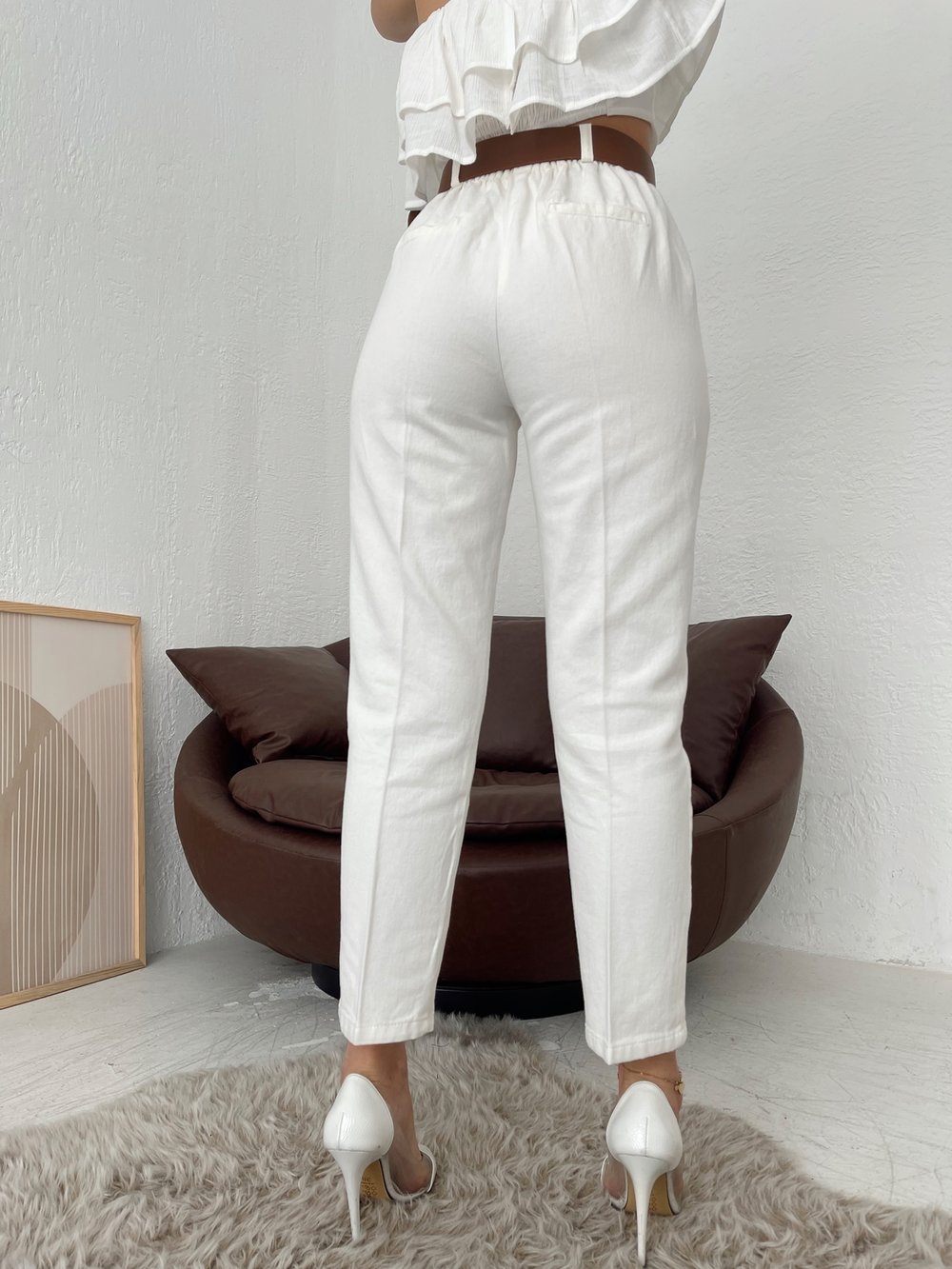 Kemerli Gabardin Pantolon Ekru