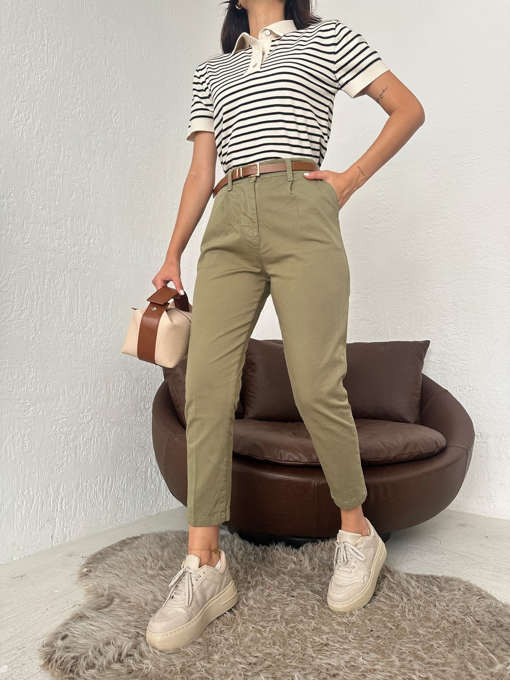 Kemerli Gabardin Pantolon Haki