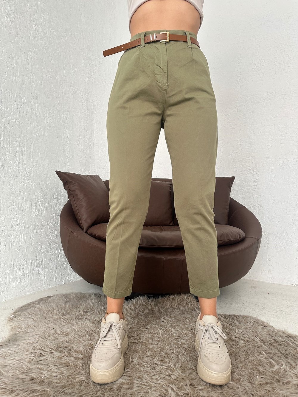 Kemerli Gabardin Pantolon Haki