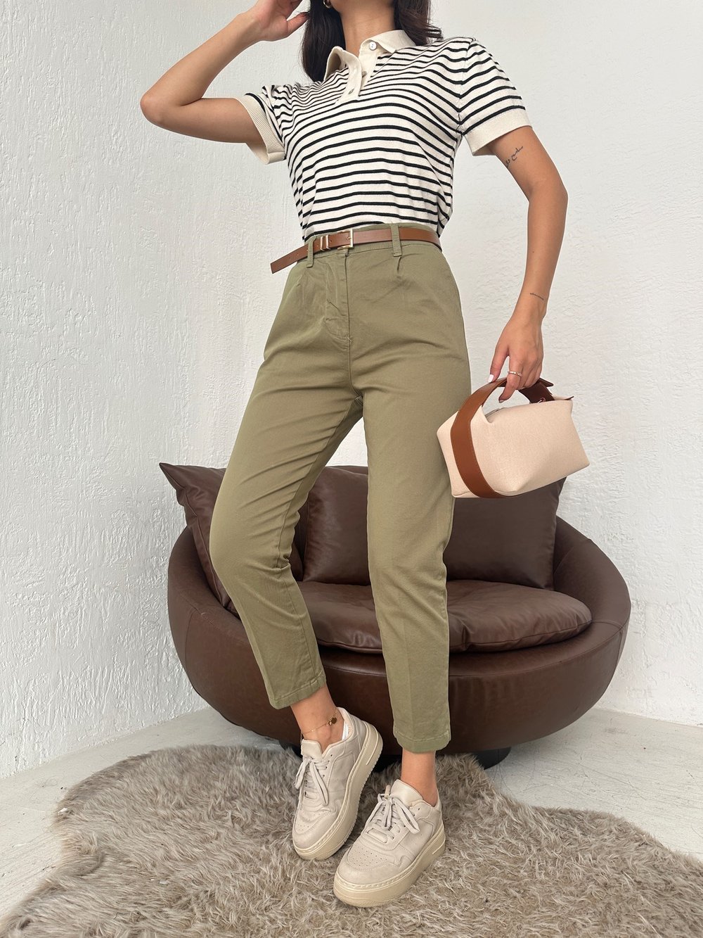 Kemerli Gabardin Pantolon Haki