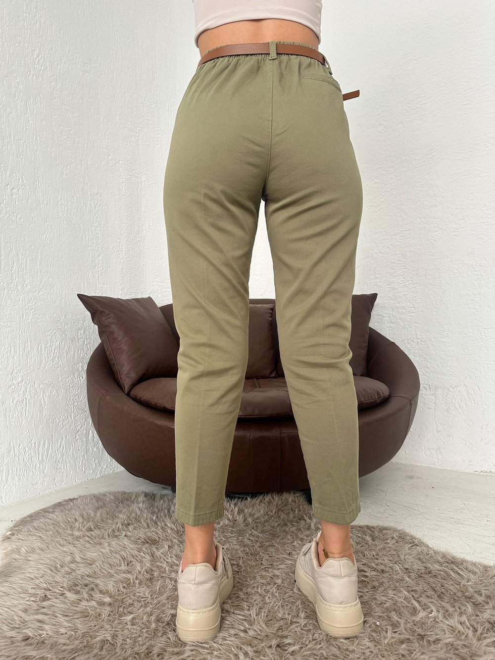Kemerli Gabardin Pantolon Haki