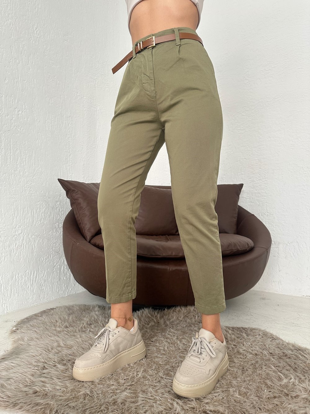 Kemerli Gabardin Pantolon Haki